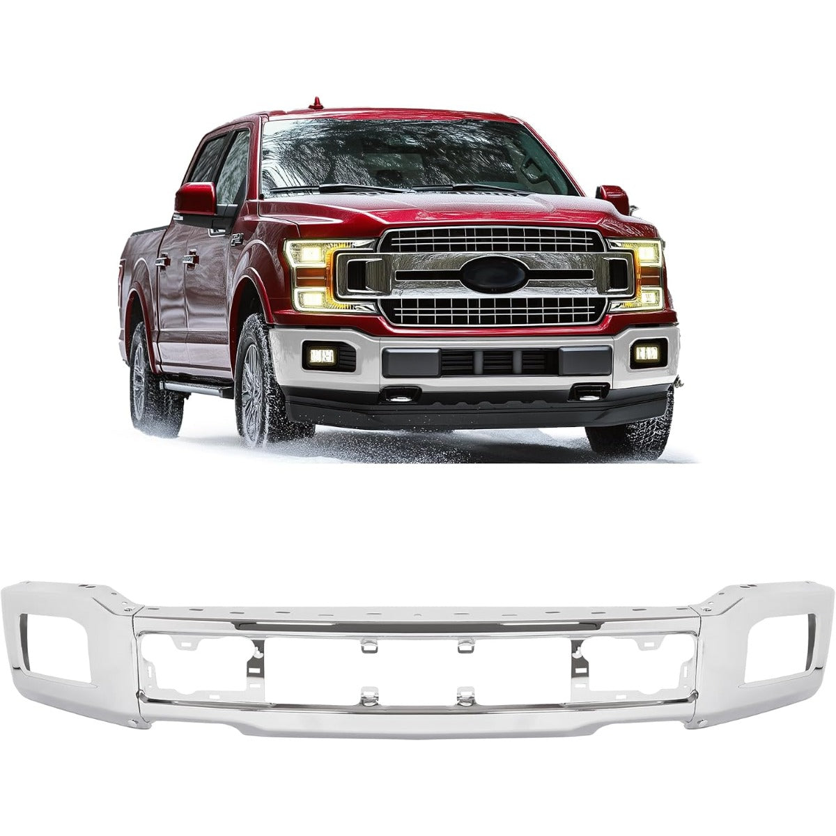 Front Bumper Face Bar Compatible with 2018-2020 Ford F-150 w/Fog Light Hole Bumper Impact Bar Replacement for JL3Z17757A FO1002430 Chrome Silvery Steel 3Pcs
