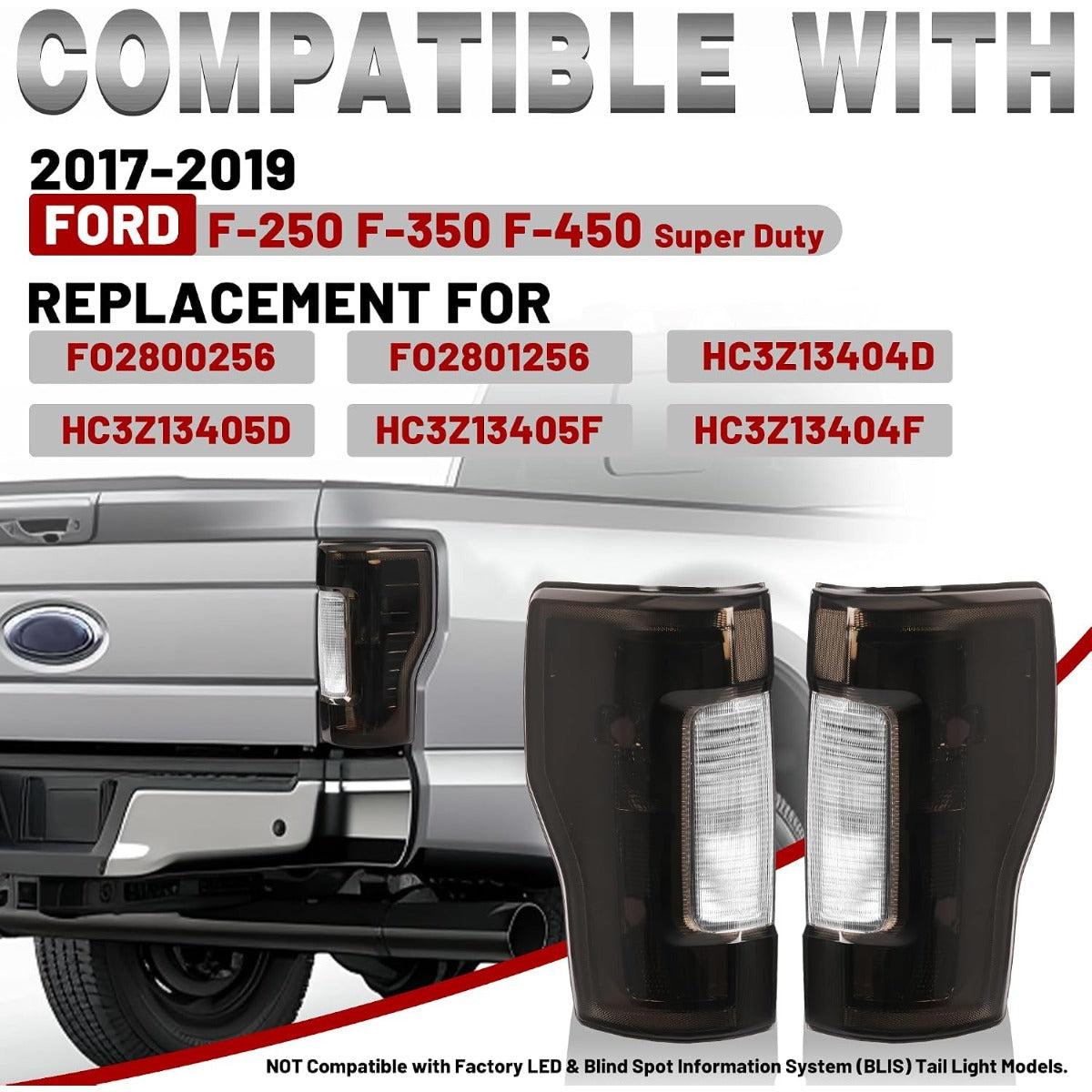 HECASA Pair Tail Light Compatible with 2017-2019 Ford F250 F350 F450 Super Duty Pickup Truck Replacement for FO2800256 FO2801256 Tail Rear Lamp w/o Blind Spot Smoke Lens Chrome Housing LH&RH
