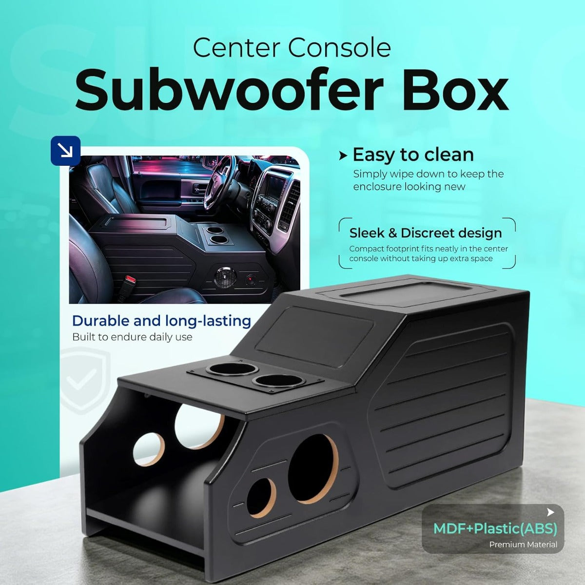 Center Console Subwoofer Box Compatible with 07-13 Chevy/GMC Crew | Crew /Single And Quad Cab MDF+Plastic(ABS) PVC Black Finish Black