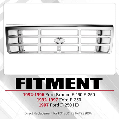 Front Grille Grill Compatible with 1992-1997 Ford Bronco F-150 F-250 HD F-350 Bumper Grille Replacement for FO1200173 F4TZ8200A Grill Assembly Chrome Silvery