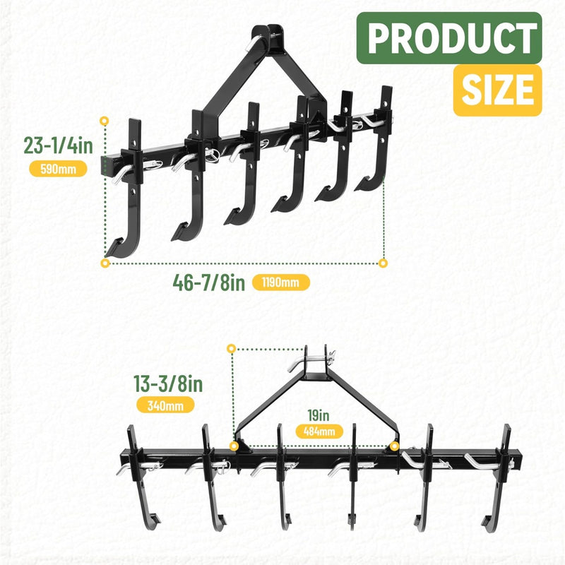 KUAFU 48" Chisel Plow Scarifier W/6 Adjustable Shanks Compatible with CAT-0 Tractors Detachable Cultivator 3-Point Plow Scarifier Implement for Pulverizing Soil, Ripping Through Roots