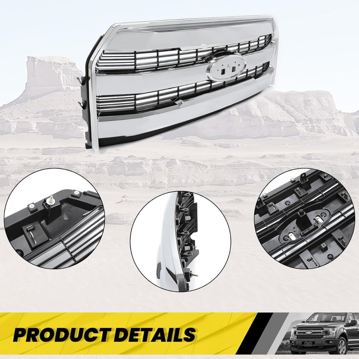 Front Bumper Grille Compatible with 2015-2017 Ford F150 F-150 Replacement for FL3Z-8200-MA FL3Z8200MA w/o Camera Chrome Upper Hood Mesh Grill ABS Plastic