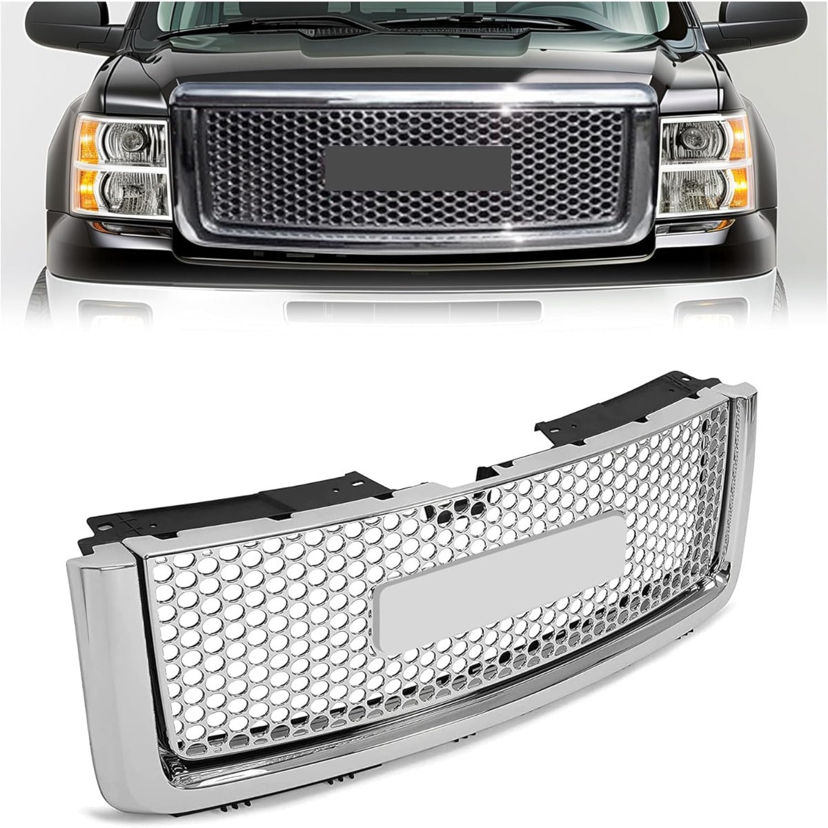 Front Upper Grill Grille Compatible with 2007-2013 GMC Sierra 1500 Denali Hood Mesh Bumper Grille Chrome