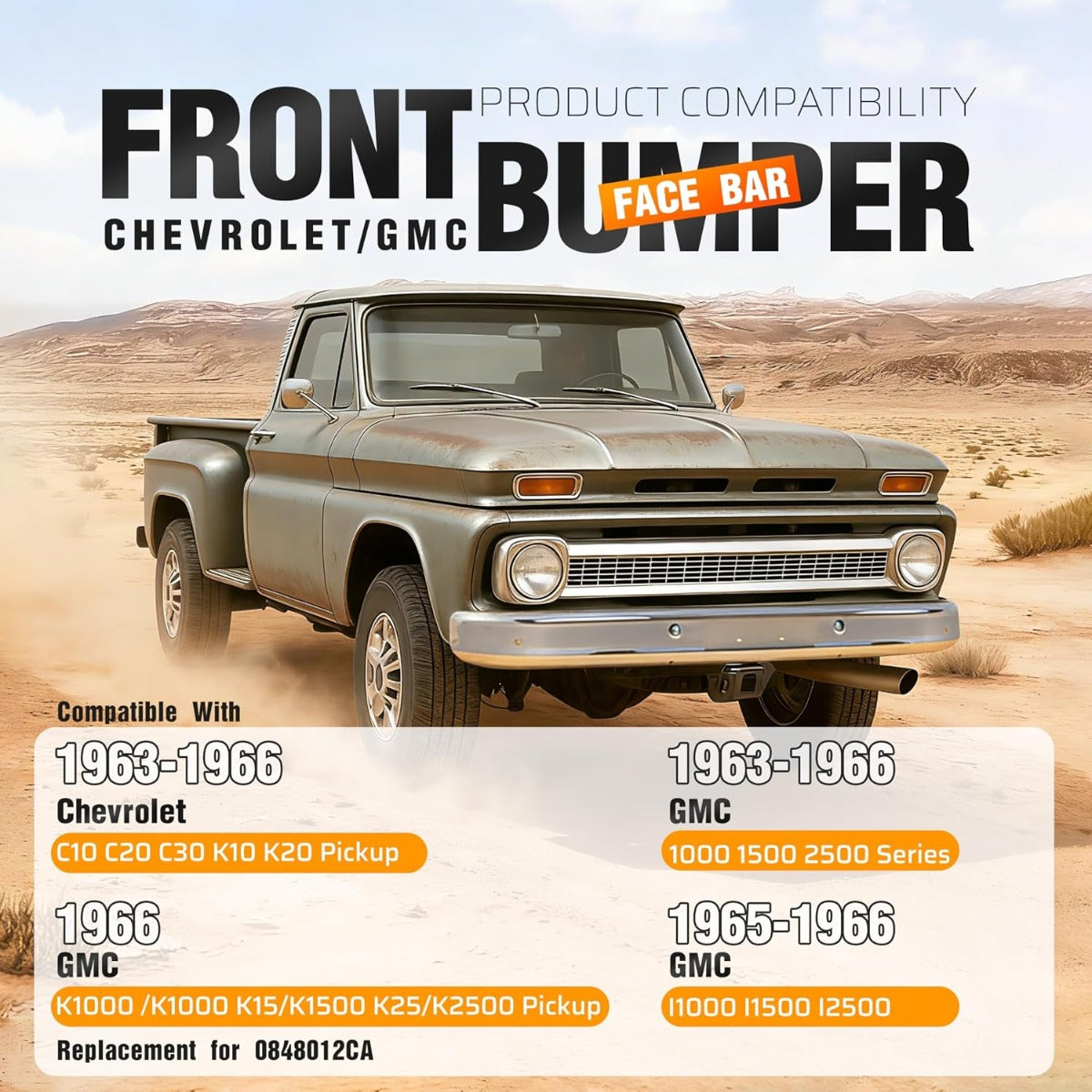 ALMULOO Front Bumper Cover Compatible with 1963-1966 Chevy C10/C20/C30/K10/K20 GMC 1000/1500/2500 Replace for 0848012CA Bumper Face Bar Steel Chrome Silvery