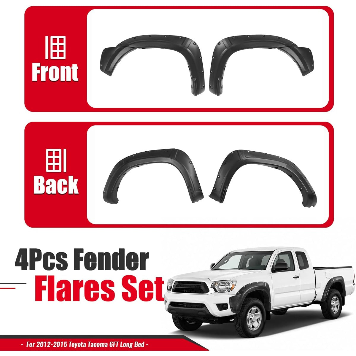 4Pcs Fender Flares Compatible with 2012-2015 Toyota Tacoma | Fleetside 6 FT (72") Long Bed Front & Rear Wheel Arch Covers PP Plastic Textured Black