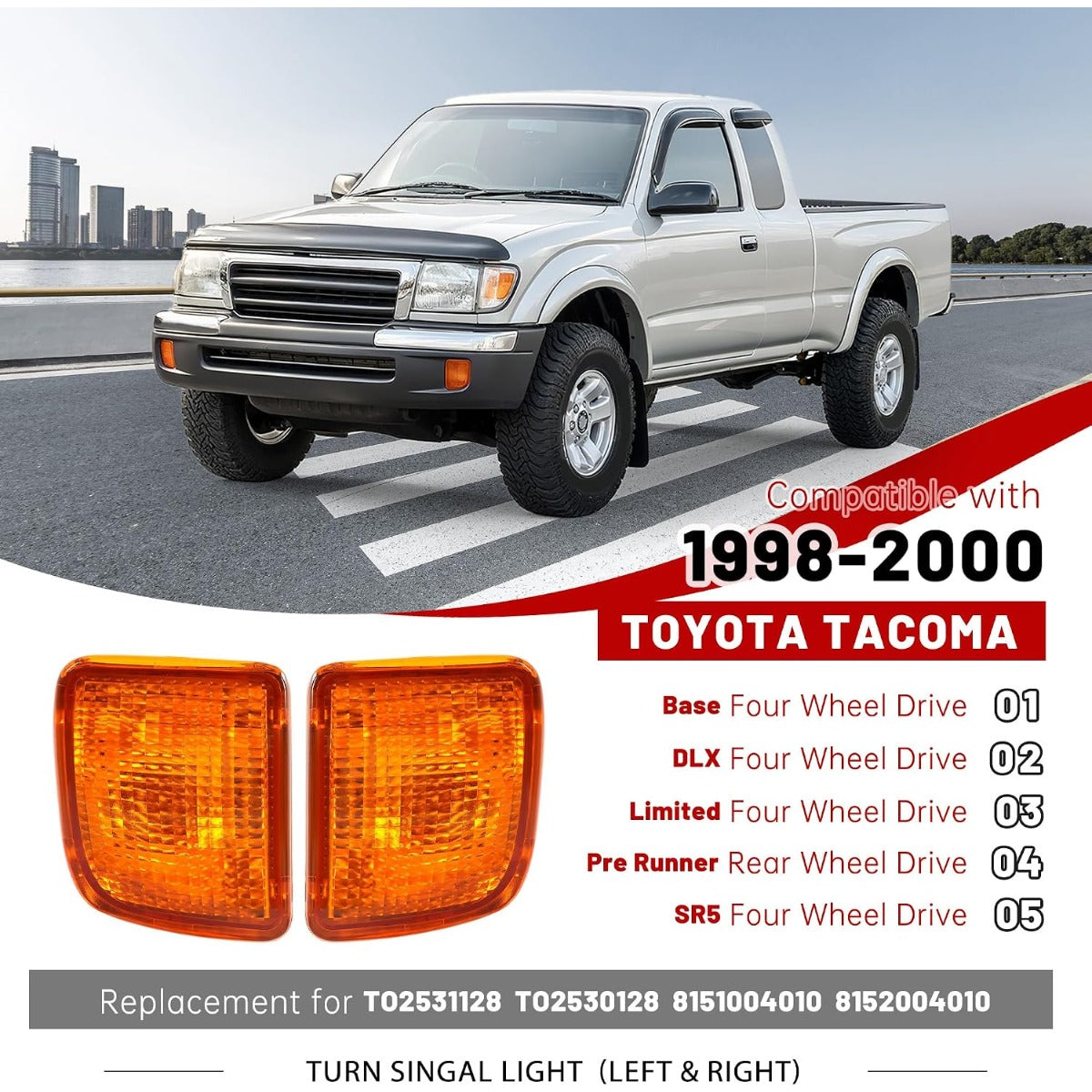 HECASA Pair Turn Signal Lights w/Bulb Compatible with 1998 1999 2000 Toyota Tacoma, Front Turn Signal Lamp Assembly Driver and Passenger Side Replacement for TO2530128 TO2531128, Amber Lens