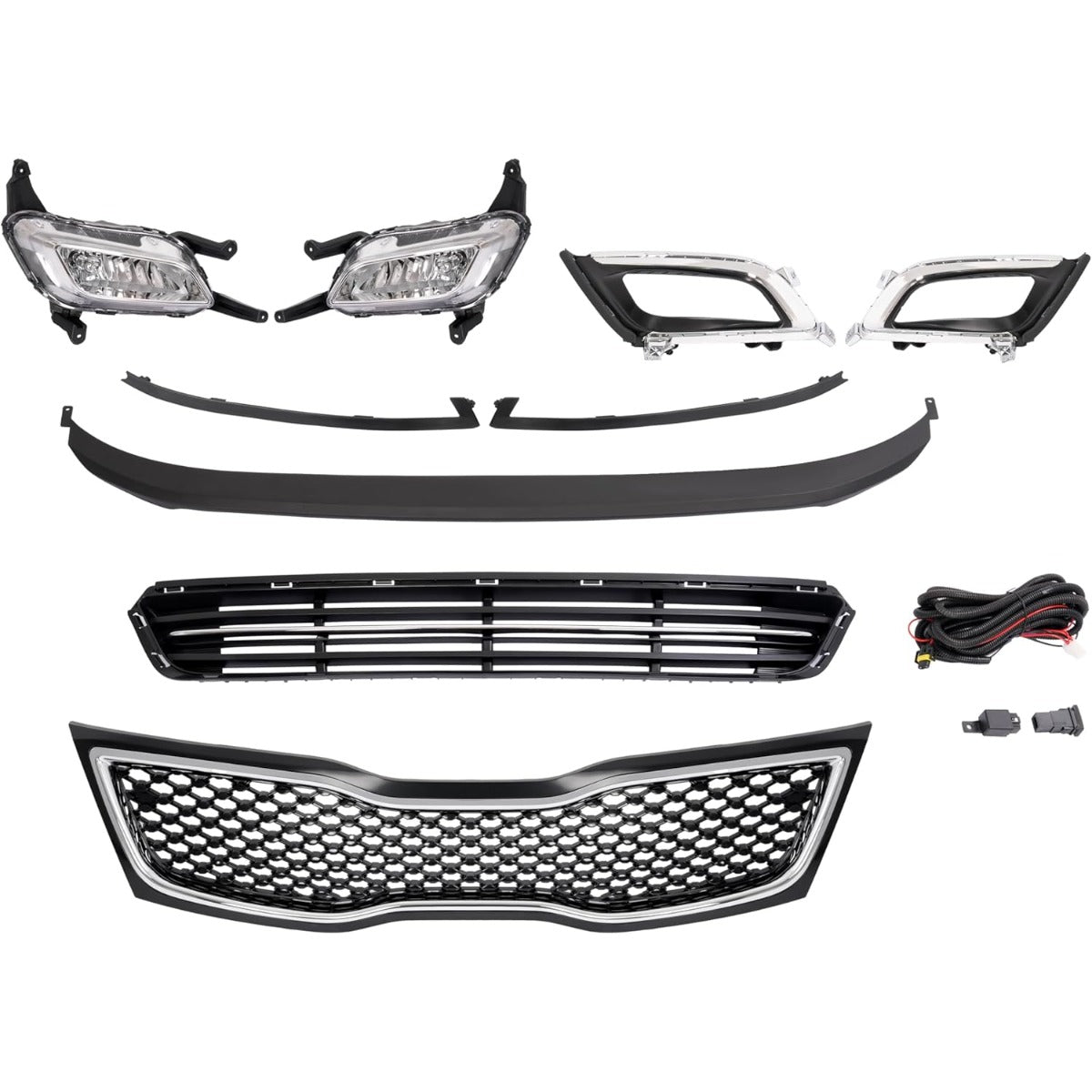 Upper + Lower Grille + Fog Light W/Accessories Compatible with 2014-2015 Kia Optima Bumper Grill and Fog Light Assembly W/Fog Light Bezel+Fog Light Trim+Front Bumper Lip+Grille Trim