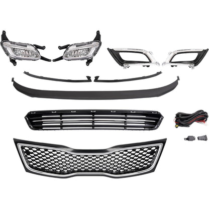 Upper + Lower Grille + Fog Light W/Accessories Compatible with 2014-2015 Kia Optima Bumper Grill and Fog Light Assembly W/Fog Light Bezel+Fog Light Trim+Front Bumper Lip+Grille Trim