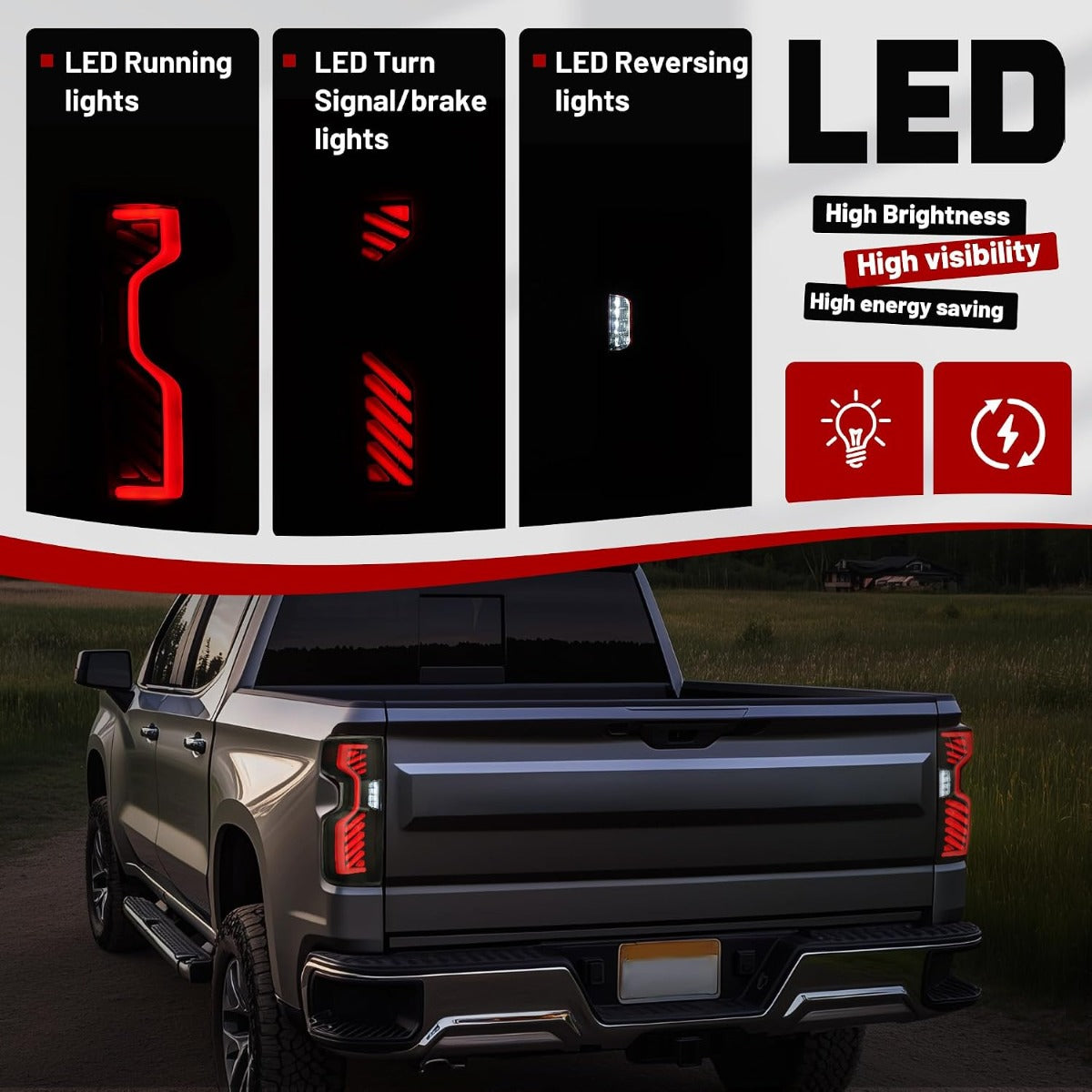 HECASA Full LED Tail Light Compatible with 2019-2023 Chevy Chevrolet Silverado 1500 2500HD 3500HD Pair Rear Brake Lamp DRL Left&Right Side Smoke Lens Black Housing Replacement for GM2800311 GM2801311