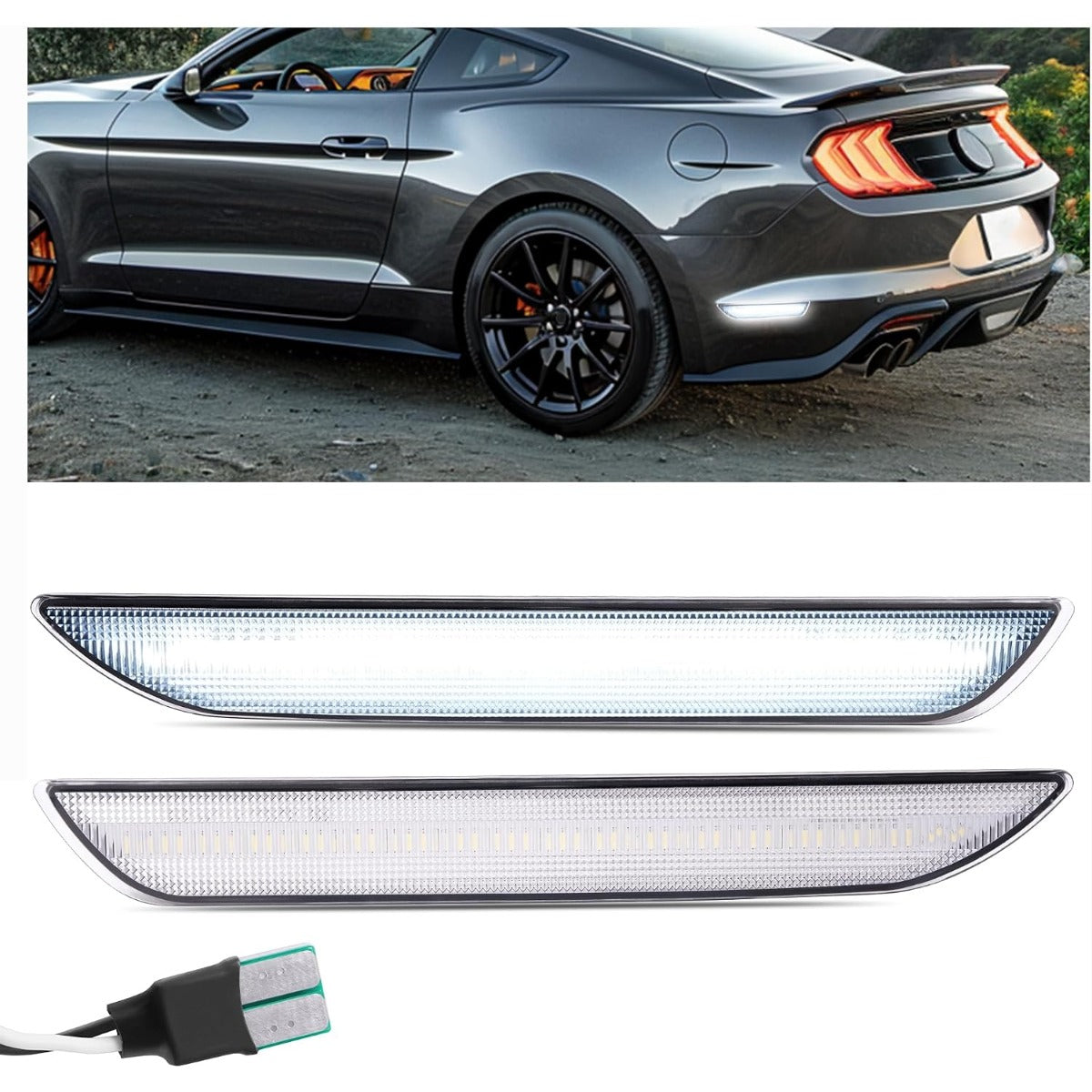 HECASA Side Marker Light Compatible with 2015-2023 Ford Mustang Rear Side Marker Lamp Reflector Left & Right Replacement for FR3Z15A201A FR3Z15A101A Clear Lens White LED