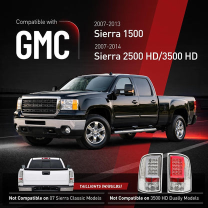 ALMULOO Pair LED Tail Light Compatible with 07-13 GMC Sierra 1500 & 07-14 GMC Sierra 2500HD 3500HD Replacement for GM2800208 GM2801208 Rear Lamp Clear Lens Chrome Housing Plastic Left&Right
