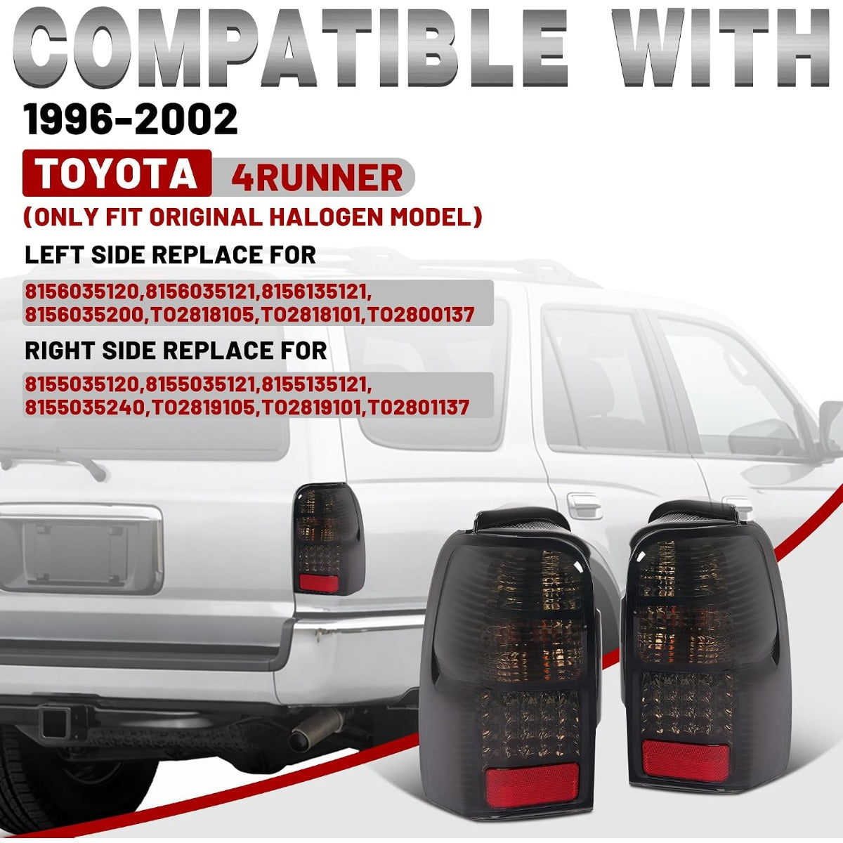 HECASA Tail Lights Compatible with 1996-2002 Toyota 4Runner LED Rear Brake Tail Lamps Driver and Passenger Side (Smoke Lens Black Housing)