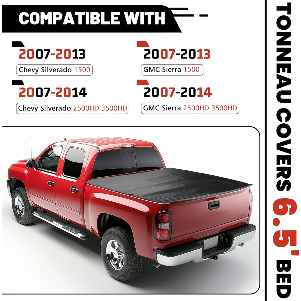 Roll-up Soft Truck Tonneau Cover Compatible with 2007-2014 Chevy Silverado 1500/ 2500HD/ 3500HD GMC Sierra with 6.5' Bed Black Sailcloth Fold Fits Fleetside/Styleside Models Only