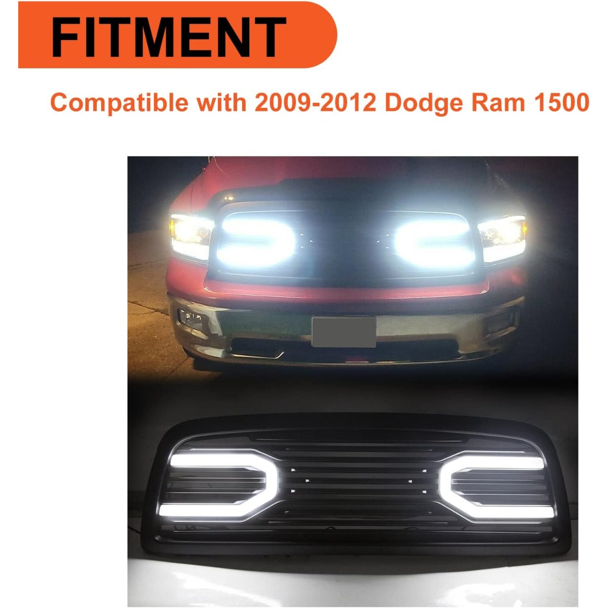 Front Bumper Grill Compatible with 2009-2012 Dodge Ram 1500 Hood Grille Replacement Shell (Black, W/Light)