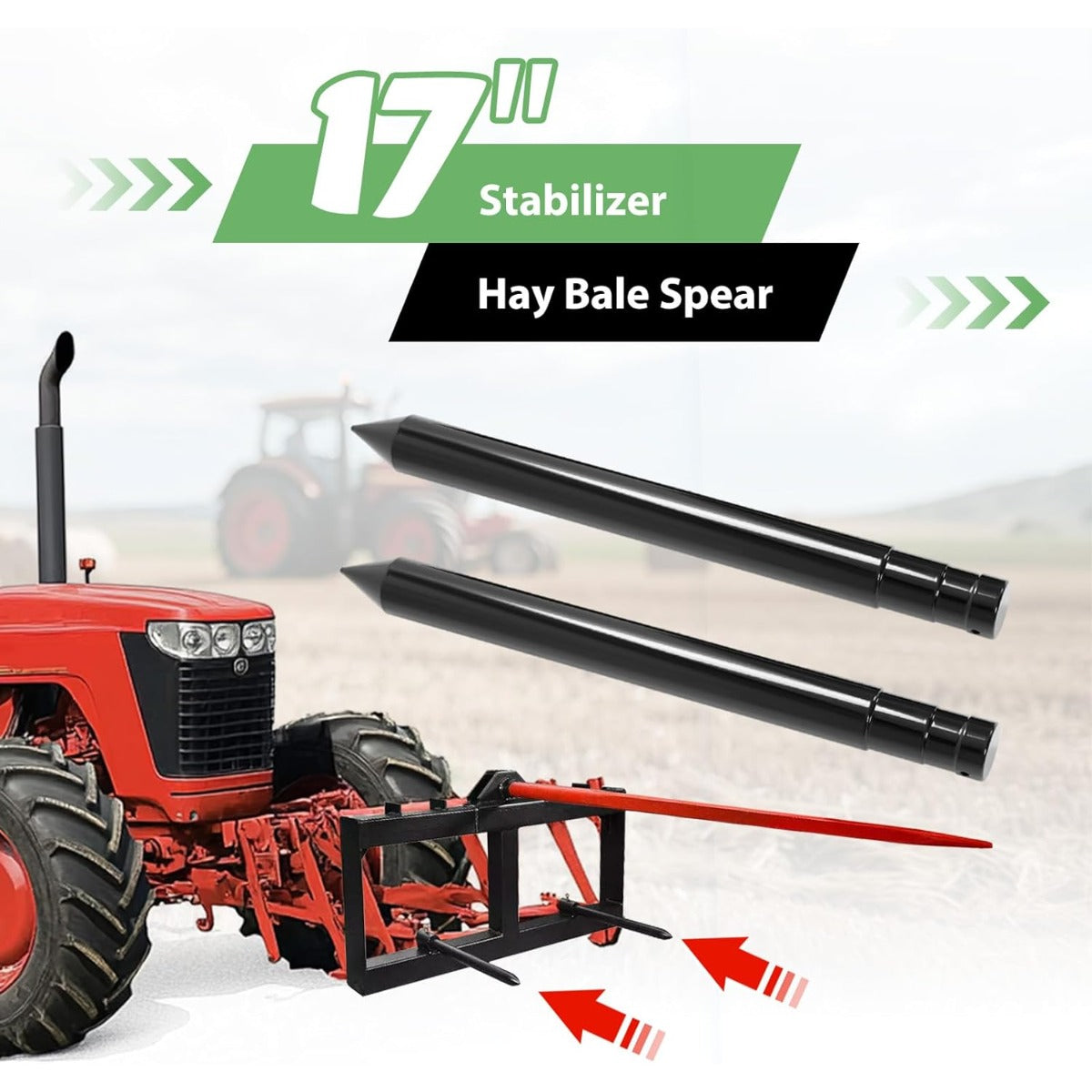 17 Inches Hay Bale Spear Stabilizer for Skid Steer Mount Plate Tractors Loaders Hay Bale Forks Spike Attachment Black Powder Coated Pair 3,000 lb
