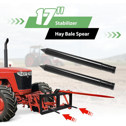 17 Inches Hay Bale Spear Stabilizer for Skid Steer Mount Plate Tractors Loaders Hay Bale Forks Spike Attachment Black Powder Coated Pair 3,000 lb