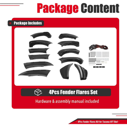 4Pcs Fender Flares Compatible with 2012-2015 Toyota Tacoma | Fleetside 6 FT (72") Long Bed Front & Rear Wheel Arch Covers PP Plastic Textured Black
