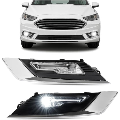 HECASA Pair LED Fog Light Assy Compatible with 2017-2018 Ford Fusion Replacement for FO2592240 FO2593240 FO1038168 Front Bumper Lamp Cover Trim Frame Gloss Black+Silvery+Clear Lens LH&RH