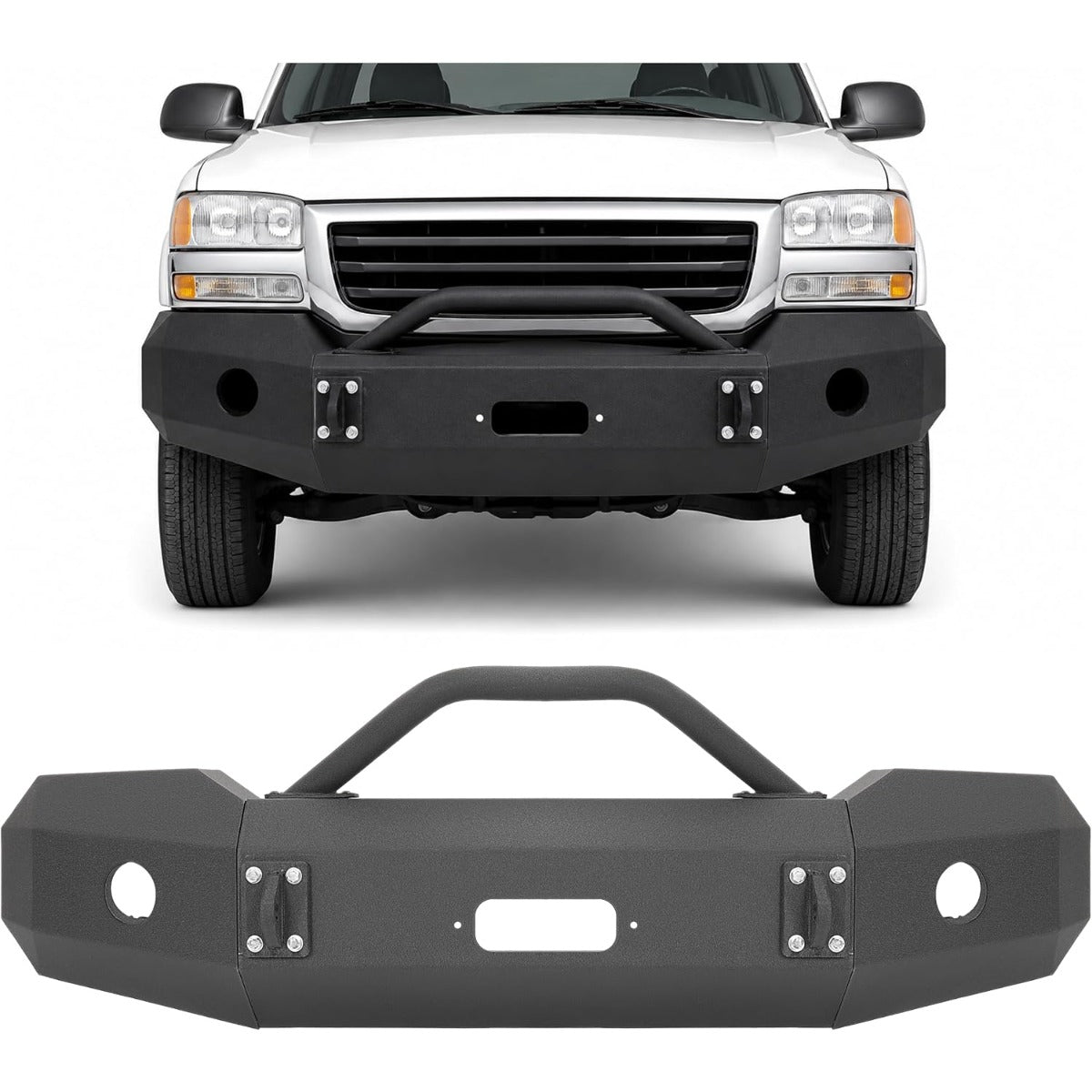 ALMULOO Front Bumper Assembly Compatible with 2003 2004 2005 2006 GMC Sierra 1500 W/Winch Plate, Light Holes, D-Ring Holes&Bull Bar Steel Powder Coated 2 Packages