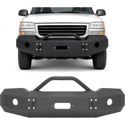 ALMULOO Front Bumper Assembly Compatible with 2003 2004 2005 2006 GMC Sierra 1500 W/Winch Plate, Light Holes, D-Ring Holes&Bull Bar Steel Powder Coated 2 Packages
