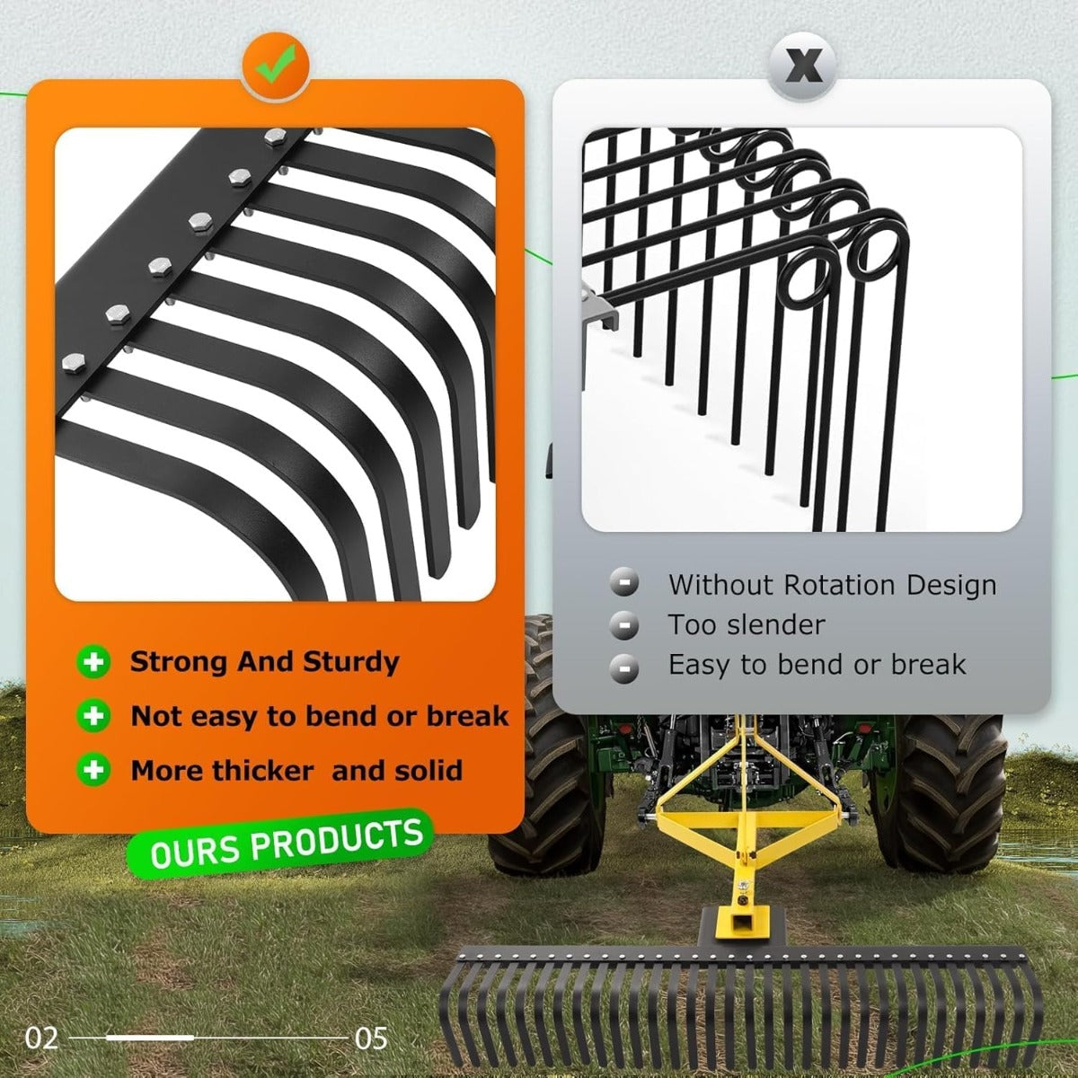 60In Landscape Rake, 3 Point Rake, 360 Rotation Compatible with Category 1, Cat1 Tractors Tow-Behind Garden Tool for Garden, Farm, Clearing Brush, Raking Arenas 2 Package Yellow