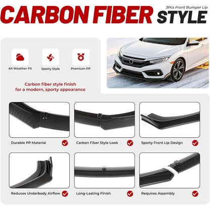 ALMULOO 3Pcs Front Bumper Lip Compatible with 2016-2021 Honda Civic Sedan