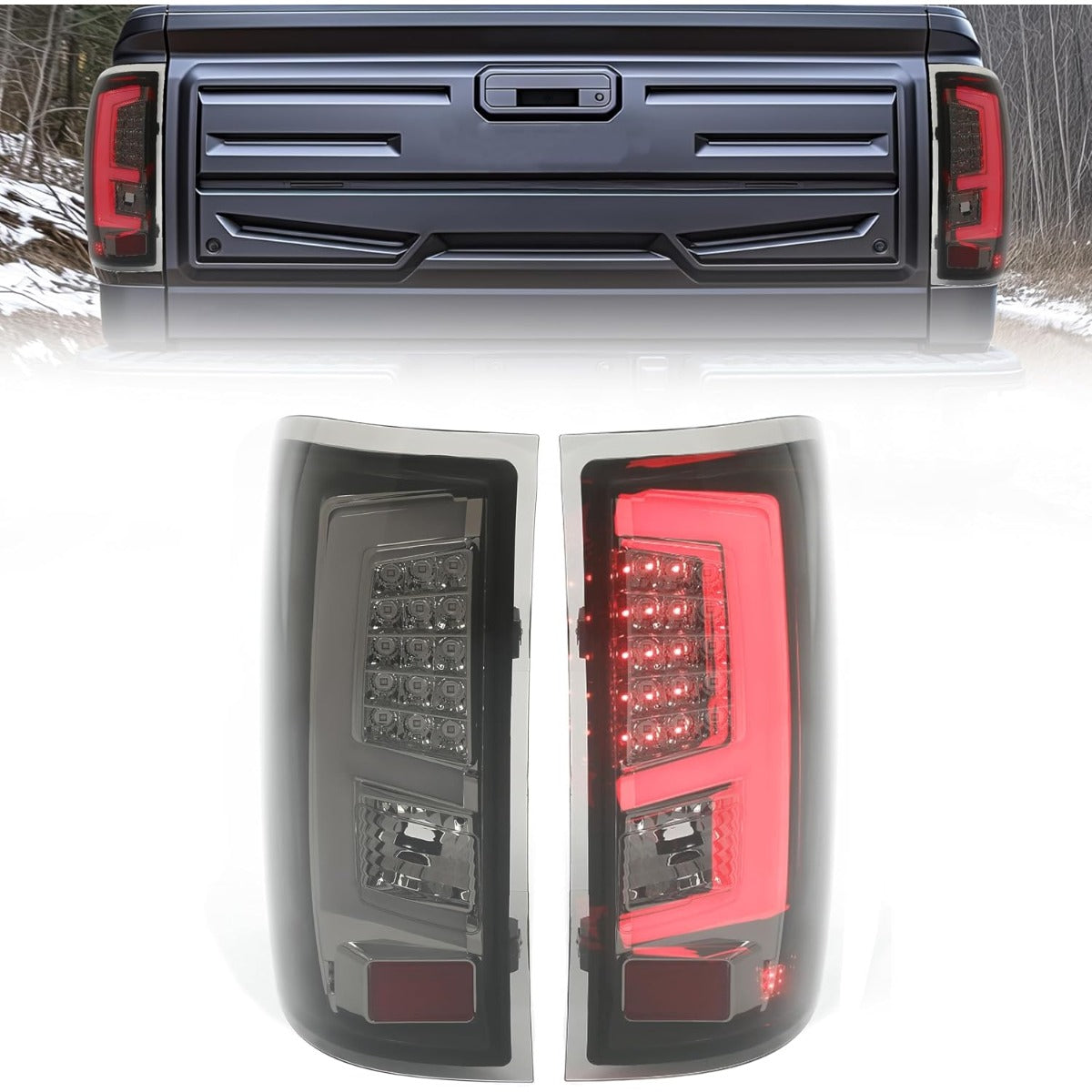 KUAFU Tail Light Compatible with 2014-2018 GMC Sierra 1500 2500HD 3500HD Pickup Truck LED Tube Bar Stop Brake Lamps LH & RH Tail Lamp Black Housing Smoke Lens