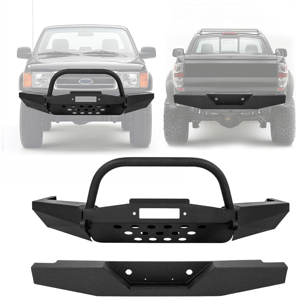 Kojem Front & Rear Bumper Compatible with 1998-2011 Ford Ranger w/Winch Plate D-Rings Powder Coated Steel