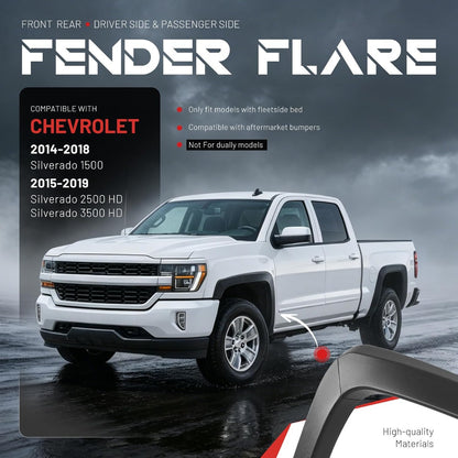 4Pcs Fender Flares Compatible with 2014-2019 Chevy Silverado | Compatible with 2014-2019 Chevy Chevrolet Silverado 1500/2500 HD/3500 HD 6.5' & 8' Bed Not For Dually Models Wheel Arch Cover