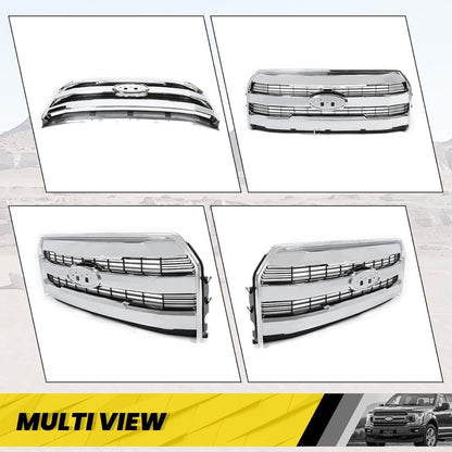 Front Bumper Grille Compatible with 2015-2017 Ford F150 F-150 Replacement for FL3Z-8200-MA FL3Z8200MA w/o Camera Chrome Upper Hood Mesh Grill ABS Plastic