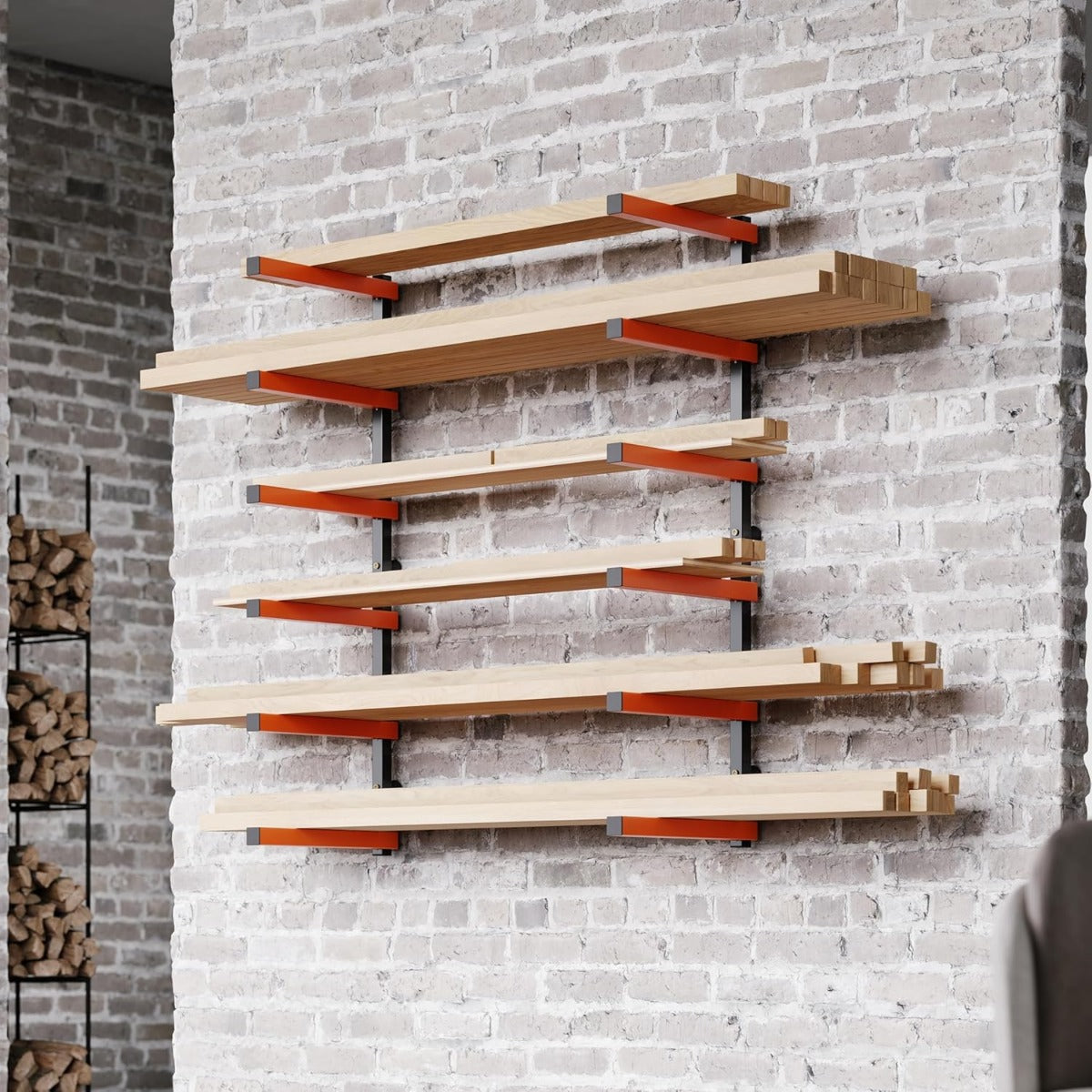 Lumber Rack Wall Mount Wood Organizer Lumber Organizer - Heavy Duty Metal 6 Levels Shelf Lumber Storage Rack Max 600 Lbs (1 Pack), Indoor & Outdoor Use - Orange LYA-077
