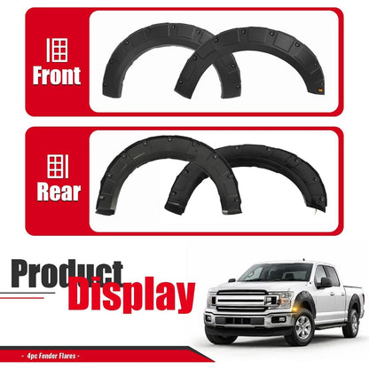 4-piece fender flare set for 2018–2020 Ford F-150 | excluding models with Technology Package, 3 pieces per set rivet-style mount plastic (PP) material black textured finish