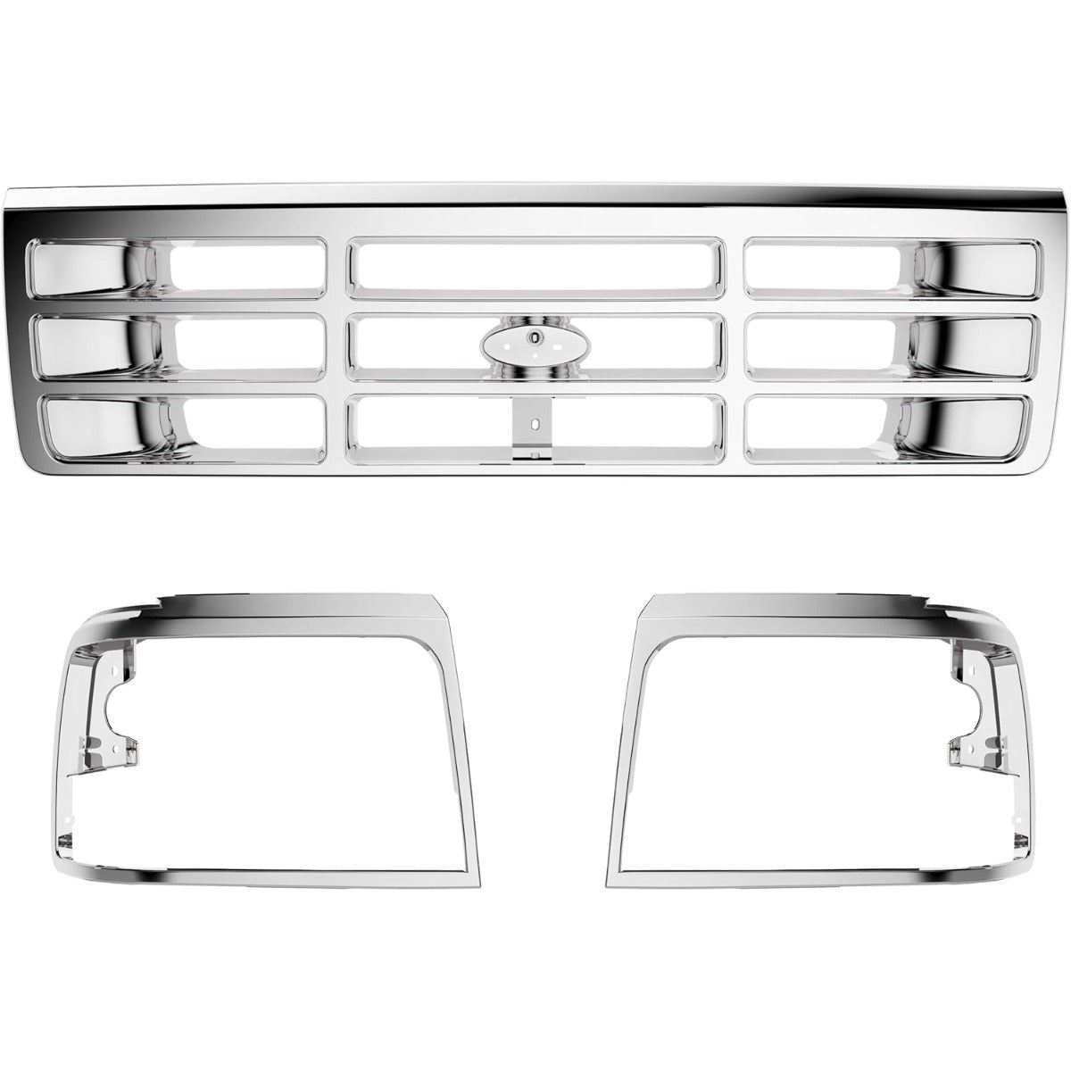 Front Grille & Headlight Bezel Compatible with 1992-1997 Ford Bronco F-150 F-250 HD F-350 Replacement for F4TZ8200A FO1200173 F2TZ13064D FO2512130 F2TZ13064C FO2513131 FO1200442 Chrome Silvery