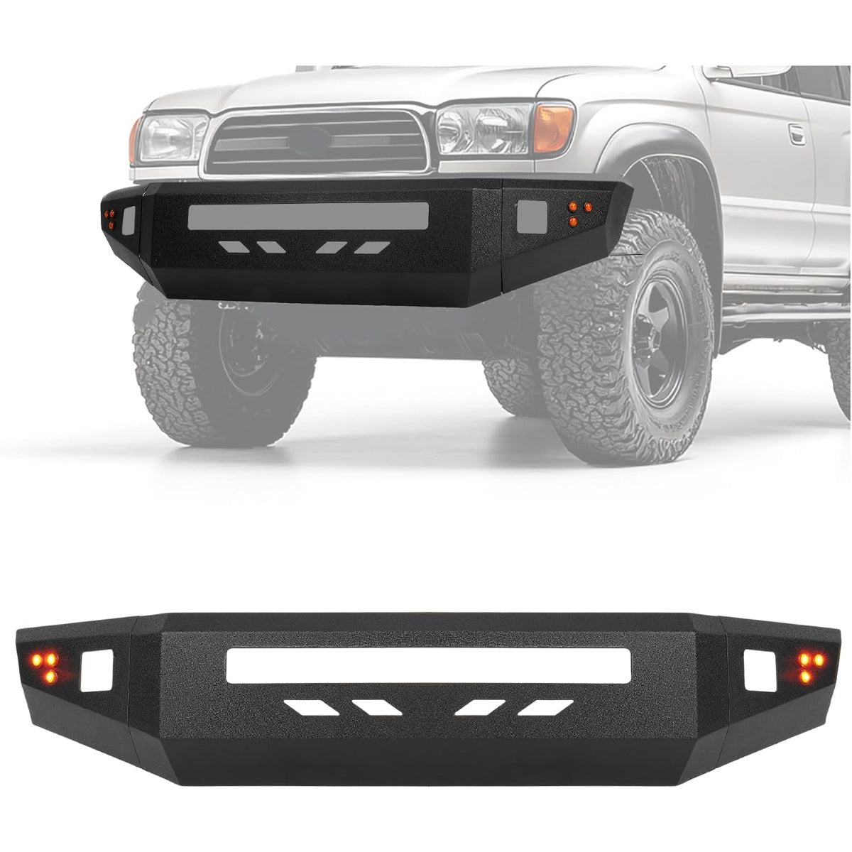 Front Bumper Assembly Compatible with 1996-2002 Toyota 4Runner Third Gen w/Light Holes & Flush Mount Amber LED Turn Signal Lights Steel Powder Coated Black