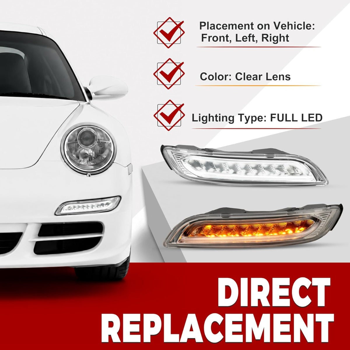 HECASA Pair LED Fog DRL Signal Light Compatible with 2005-2008 Porsche 911 Carrera 997.1 Chassis Front Bumper Turn Signal Light Lamp Clear Lens Left & Right Side