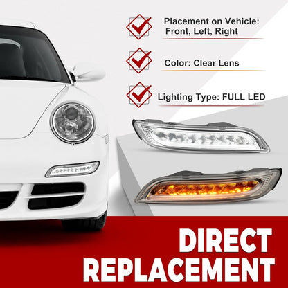 HECASA Pair LED Fog DRL Signal Light Compatible with 2005-2008 Porsche 911 Carrera 997.1 Chassis Front Bumper Turn Signal Light Lamp Clear Lens Left & Right Side