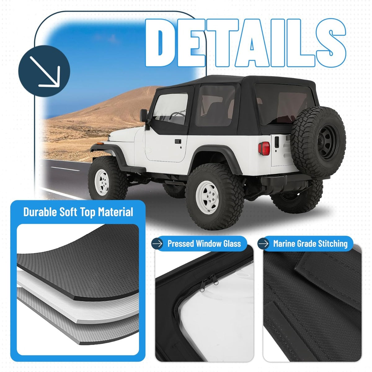 Convertible Soft Top Kit for 1987-1995 Jeep Wrangler YJ Black Soft Roof w/Upper Half Doors and Tinted Plastic Windows & Aluminum + Steel Mounting Frames Complete Replacement