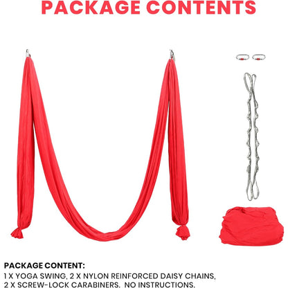 KUAFU 6.56 Yards Aerial Silks for Home Yoga Swing Therapy Swing Aerial | Hammock w/Extension Straps, o-Slings, Carabiners Red