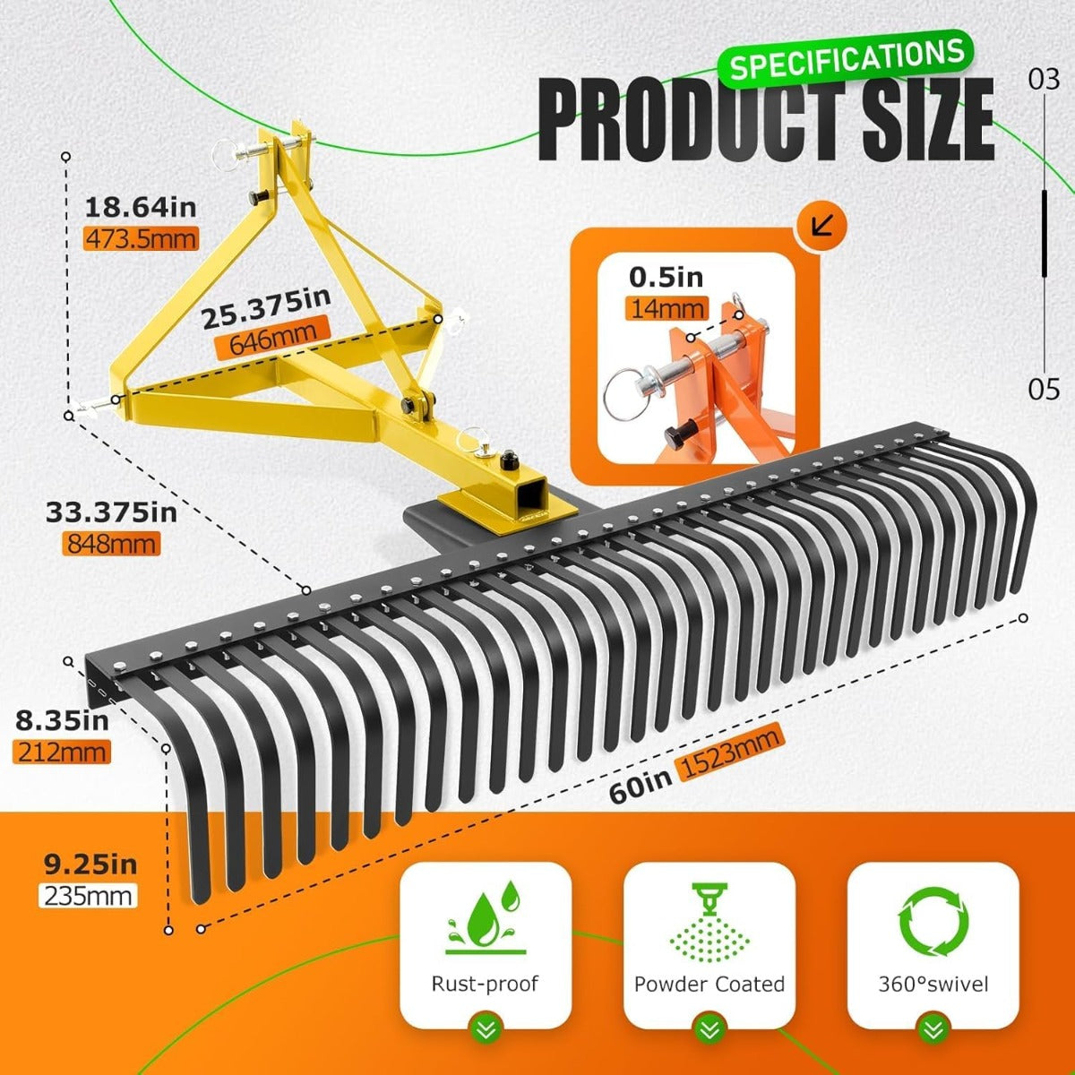 60In Landscape Rake, 3 Point Rake, 360 Rotation Compatible with Category 1, Cat1 Tractors Tow-Behind Garden Tool for Garden, Farm, Clearing Brush, Raking Arenas 2 Package Yellow