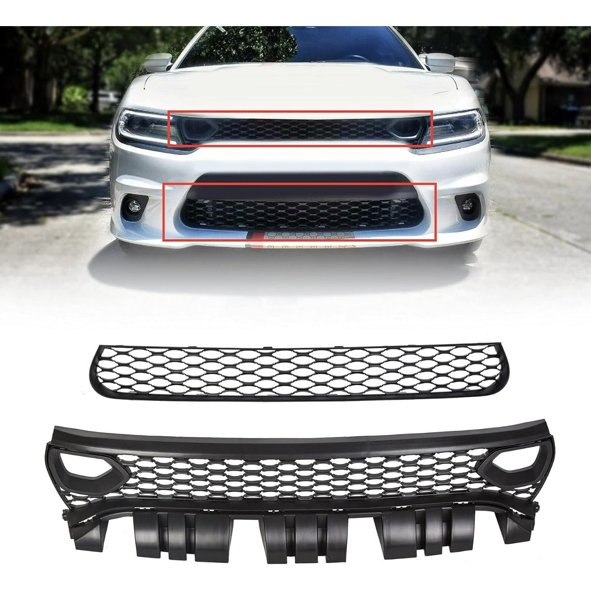 Upper Lower Grill Compatible with 2015-2023 Dodge Charger SRT Scat Pack Daytona 68394592AA 68417505AB Air Inlet Dual Kit Mesh Grille Guard Bezels LYAP-335-1