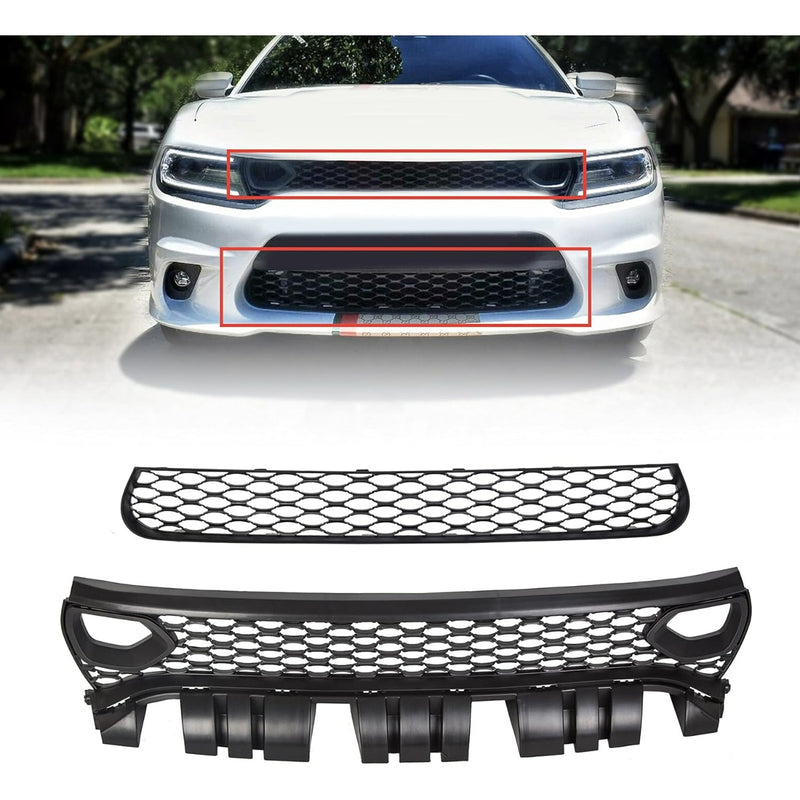 Upper Lower Grill Compatible with 2015-2023 Dodge Charger SRT Scat Pack Daytona 68394592AA 68417505AB Air Inlet Dual Kit Mesh Grille Guard Bezels LYAP-335-1