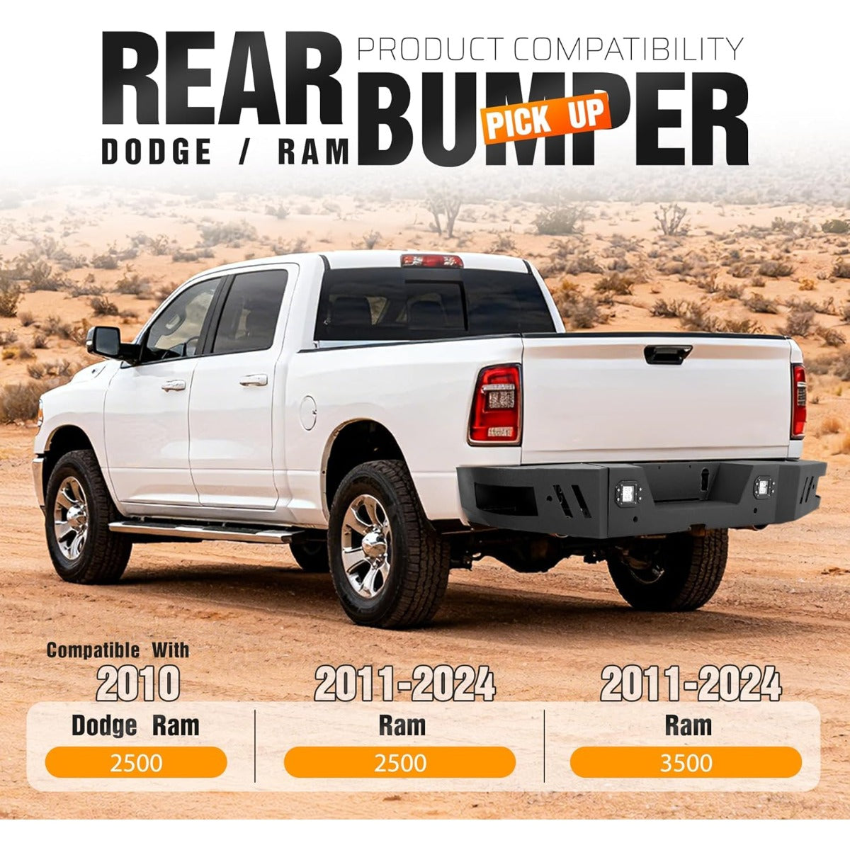 ALMULOO Rear Bumper Set of 3 pieces. Compatible with 2010-2024 Dodge Ram 2500 and 3500 models equipped with 2 x 18W LED lights