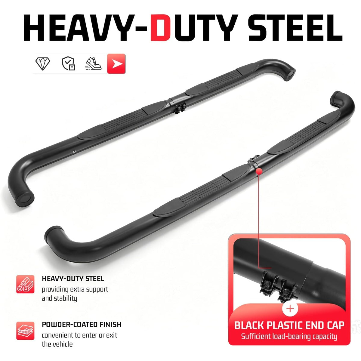 Running Boards Compatible with 2006-2010 Hummer H3 4-Door | Side Nerf Bars Running Boards Step Rails Steel+Plastic Powder Coated Black