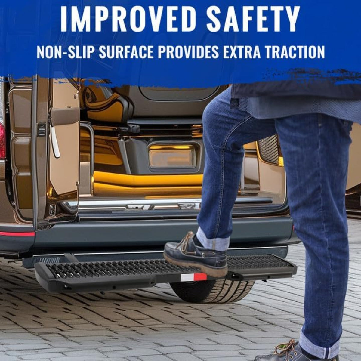 7" Rear Grip Step Compatible with 2007-2023 Mercedes-Benz Sprinter 1500 2500 Rear Step Bar Side Steps Running Board w/Dock Bumper & Reflective Tape Black Steel