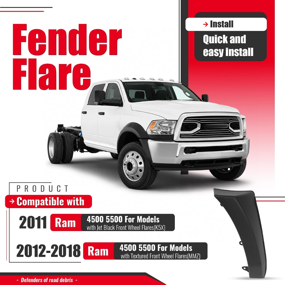 Right Fender Flare Set Compatible with 2011-2018 Ram 4500 5500 | Wheel Arch Cover Protector Set Plastic(PP) Textured Black Passenger Side