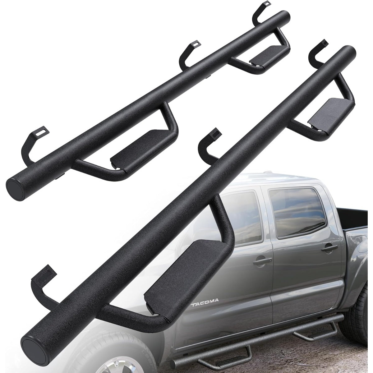Running Boards Compatible with 2005-2023 Toyota Tacoma Double Cab Dropped Steps Side Steps Hoop Bar Nerf Bars Door (Matte Black)