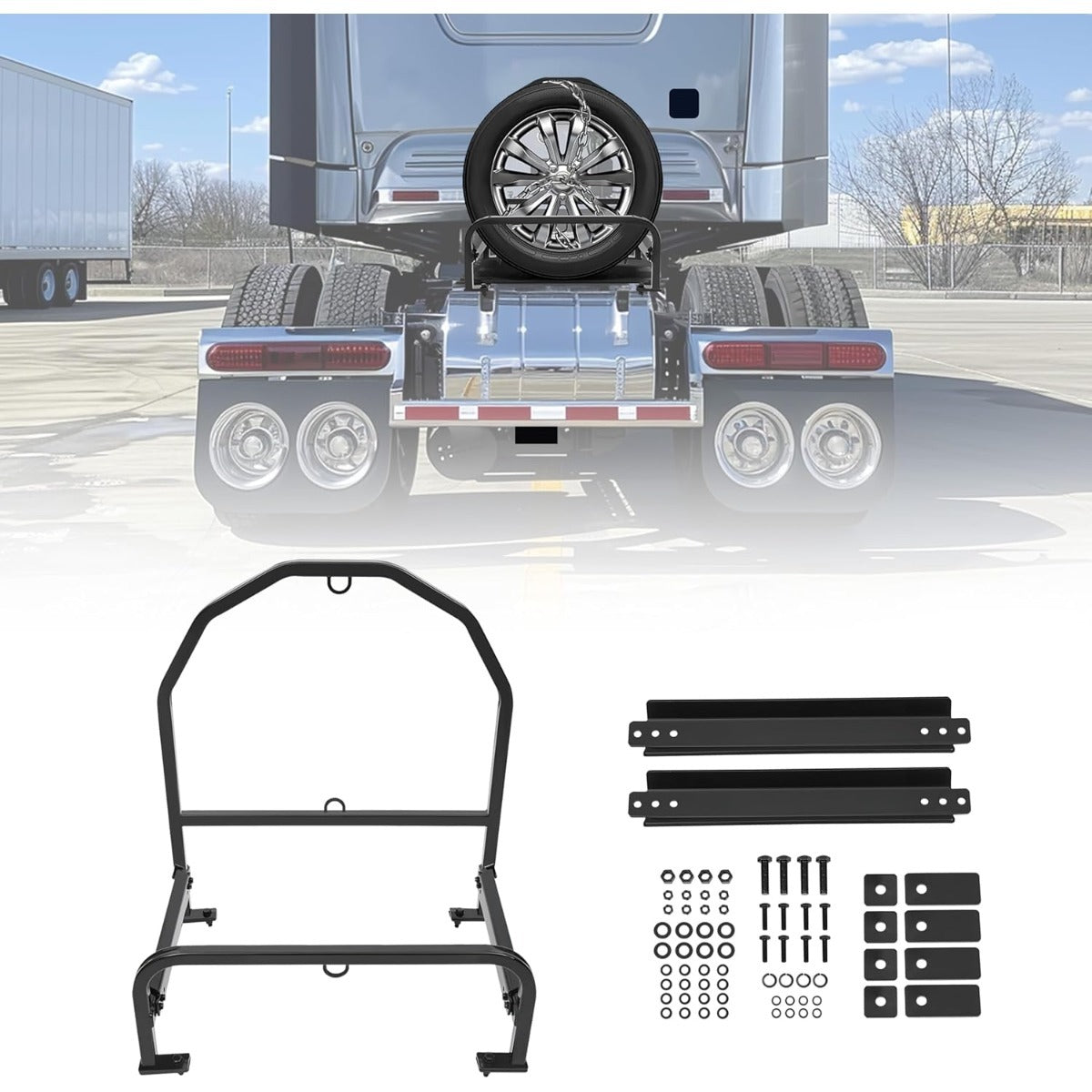 Semi Truck Spare Tire Carrier Compatible with Volvo, Kenworth, Mack, Western Star, Freightliner, Peterbilt Universal Adjustable Spare Tire Rack Holder Width Max Up to 19"
