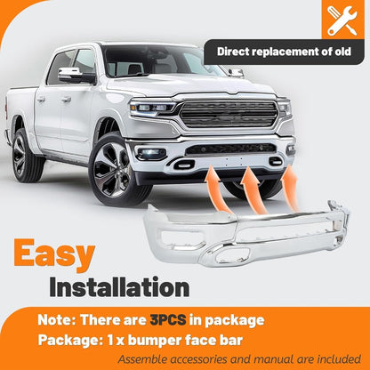 KUAFU Front Bumper Face Bar Compatible with 2019-2024 Dodge Ram 1500 W/Fog Lights & Sensor Holes, Hooks CH1002407, 5ZB88SZ0AD Steel Chrome Silvery Replacement Only 3PCS