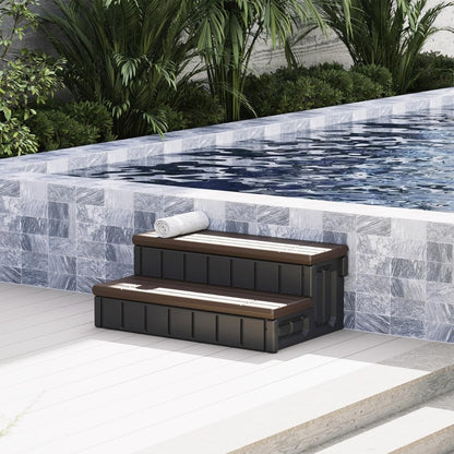 Universal Spa Hot Tub Step with Storage Outdoor Indoor Compartment Spa 2-Step Stool Pool Ladder Plastic Handi Step Slip Resistant Striped Brown+Black LYOP-107-1