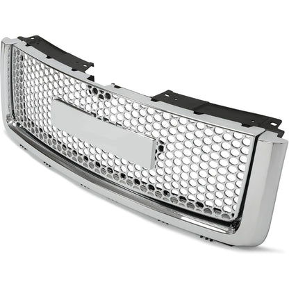 Grille 3PCS Compatible with 2007-2013 GMC Sierra 1500 Denali Round Hole Mesh Front Hood Molding Top & Upper & Lower Grill Front Bumper Center Grill Chrome Silvery